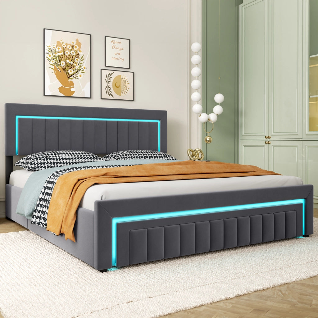 LETTO Imbottito 180x200 cm in Velluto Grigio Scuro con LED e Cassetti