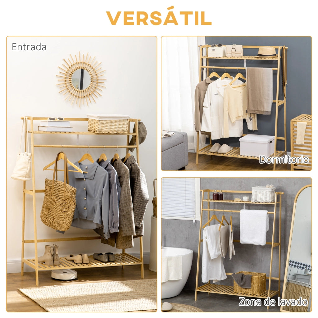 Appendiabiti a terra in bamb¨´ ¨C Xylo ¨C legno naturale con 2 ripiani e barra portaoggetti 114x40x139 cm