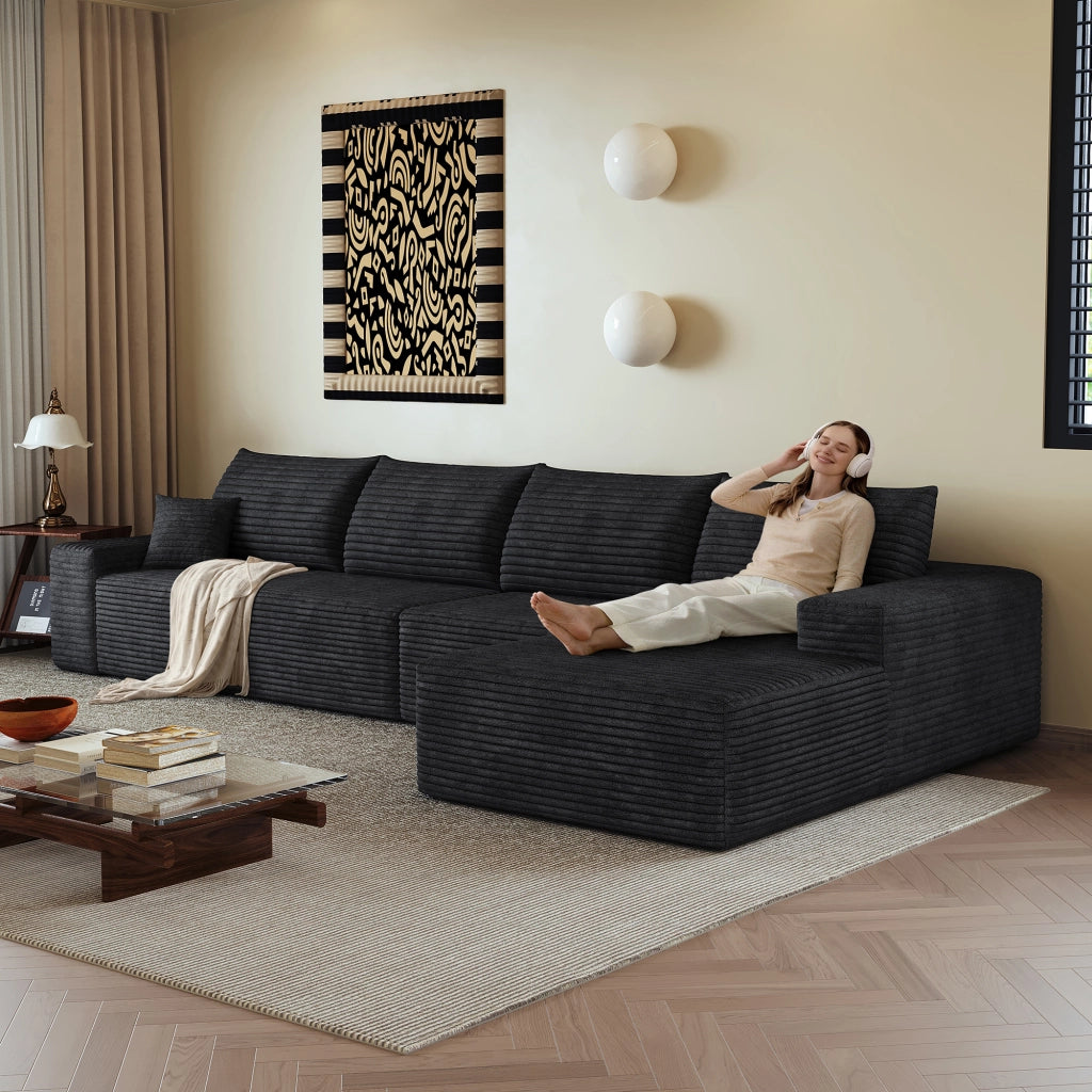 Divano angolare modulare con chaise longue e assise profonda in tessuto a coste nero senza montaggio per soggiorno