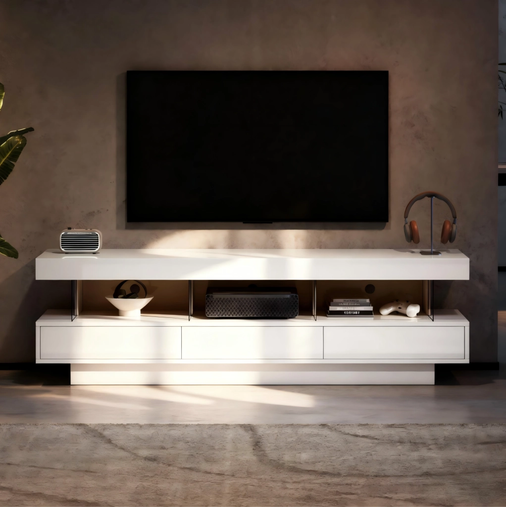 Mobile TV 160x38x50.5 cm con 3 ripiani in vetro e LED controllabile tramite app in truciolato bianco