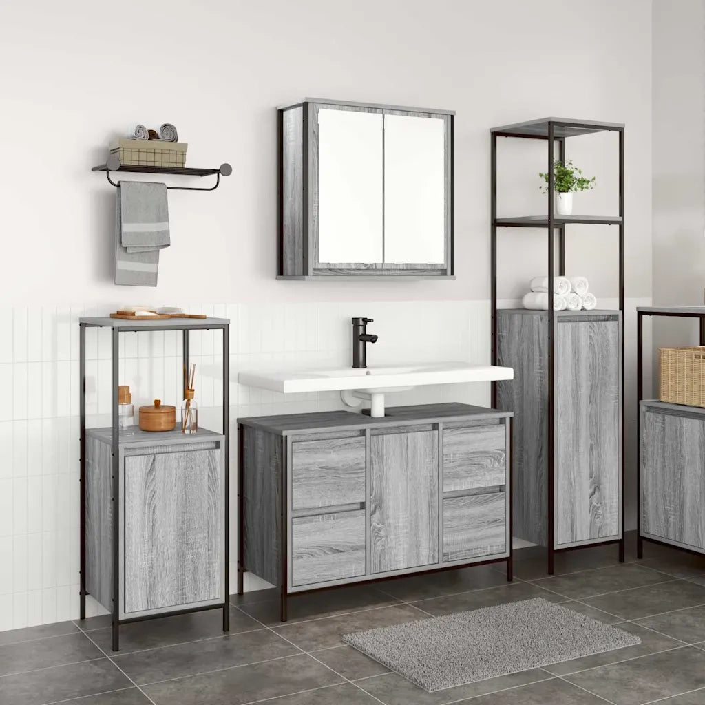 Set di mobili per il Bagno | Armadio da bagno con porta 3 pz Grigio sonoma e Nero