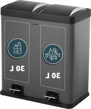 Sistema di separazione rifiuti con 2 contenitori - 2 x 30 L capacità - Pedaliera grigia - 2-vacche Separatore rifiuti 60 Liter - Pedaliera in acciaio inossidabile Contenitore per rifiuti 60 liter