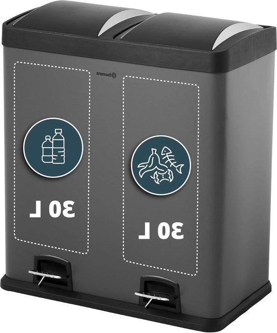 Sistema di separazione rifiuti con 2 contenitori - 2 x 30 L capacità - Pedaliera grigia - 2-vacche Separatore rifiuti 60 Liter - Pedaliera in acciaio inossidabile Contenitore per rifiuti 60 liter
