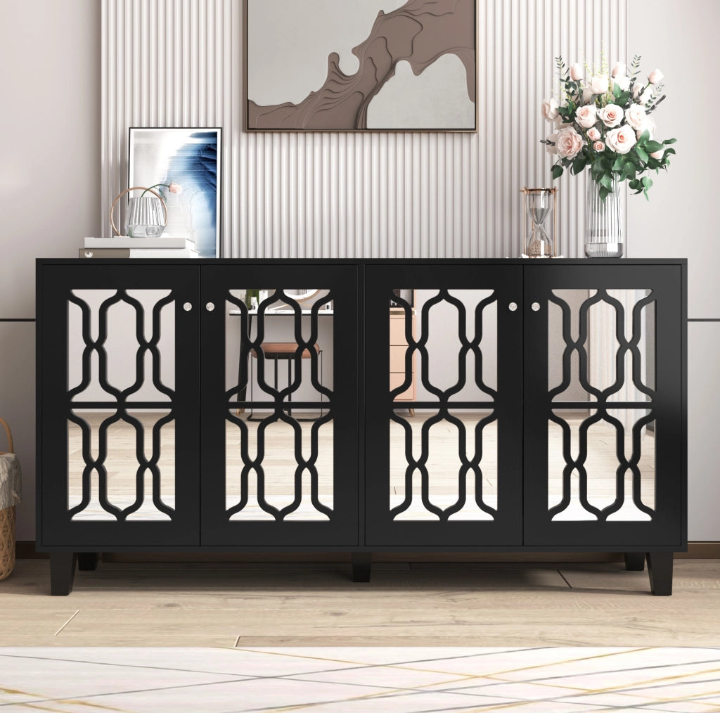 Credenza 160x40x84 cm nera in MDF con 4 ante e ripiani regolabili