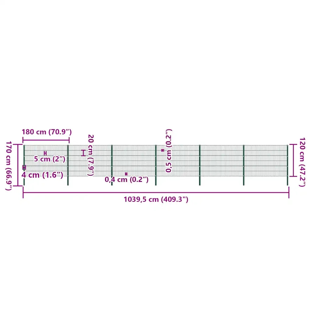 Pannello di Recinzione con Pali in Ferro 10,2x1,2 m Verde