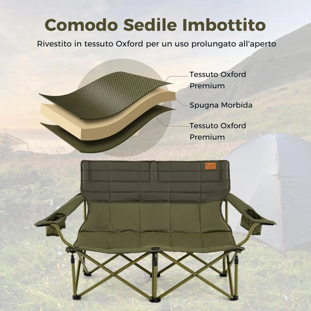 Sedia da Campeggio per 2/3 Persone, Divano per Picnic Pieghevole con Braccioli Regolabili e Portabicchieri, Sedia da Esterno Portatile con Borsa da Trasporto (147 x 69 x 82 cm,Verde)