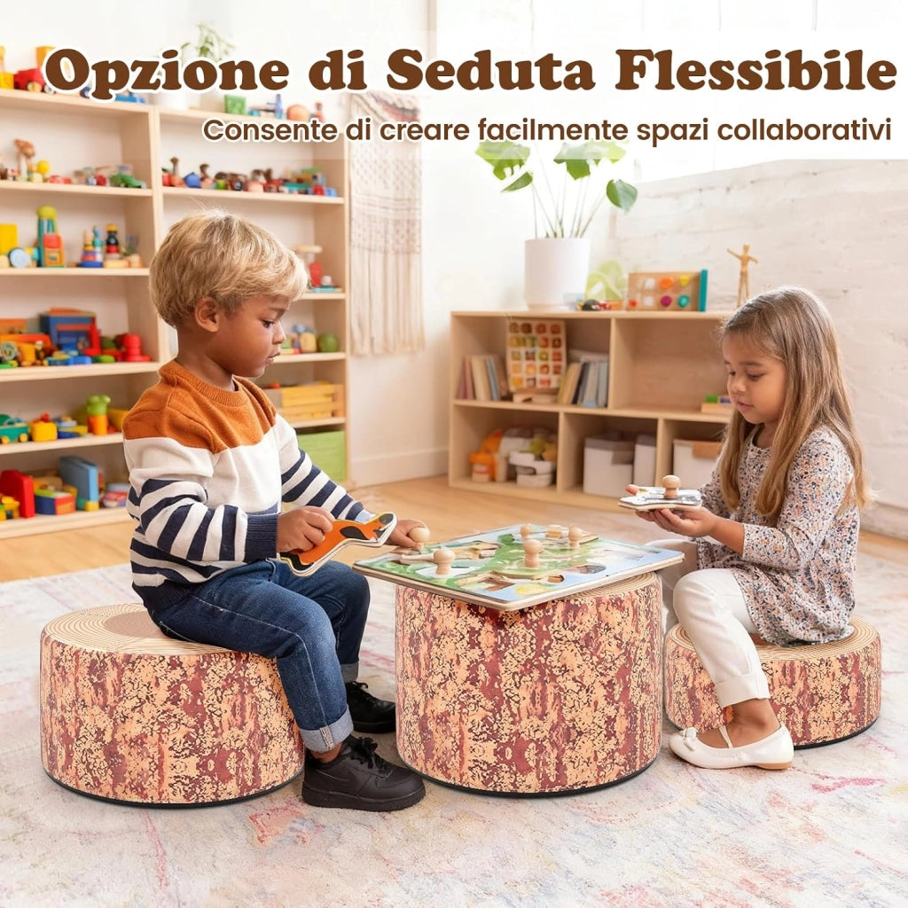 Set di 3 Sgabelli a Ceppo d'Albero, Cuscini da Pavimento per Bambini con Stampa Legno, Decorazione Naturale e Altezze Diverse, Sgabelli Rotondi per Aula, Casa e Asilo (Legno)