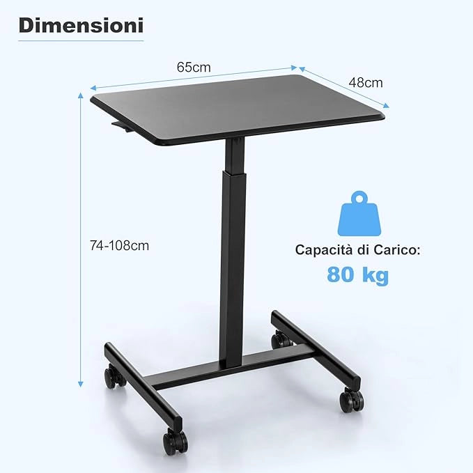 Tavolino da Letto e Divano per PC con 2 Ruote Bloccabili, Tavolino Serviletto Regolabile in Altezza, Tavolino per Mangiare e Lavorare da Ospedale e Salotto, Portata 80 kg (Nero)