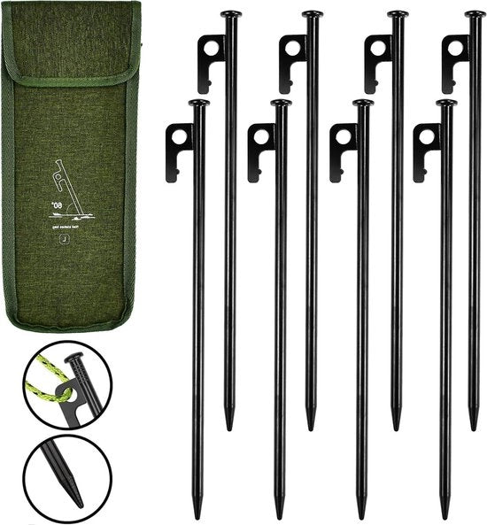 Set di 8 attrezzi per tenda in acciaio, 30 cm di lunghezza, resistente al vento con gancio e foro, ideale per campeggio e stabilità.
