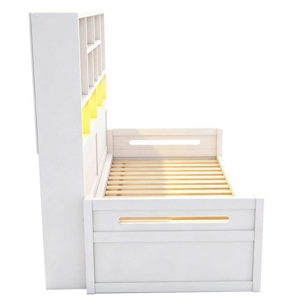 Letto singolo multifunzione 90x200 cm con armadio aperto; cassetti; LED; USB e vani portaoggetti; legno bianco