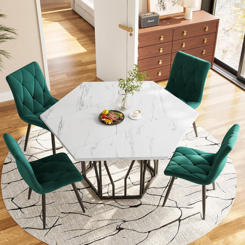Tavolo da pranzo esagonale con piano effetto marmo in MDF e base in metallo nero per sala da pranzo e soggiorno