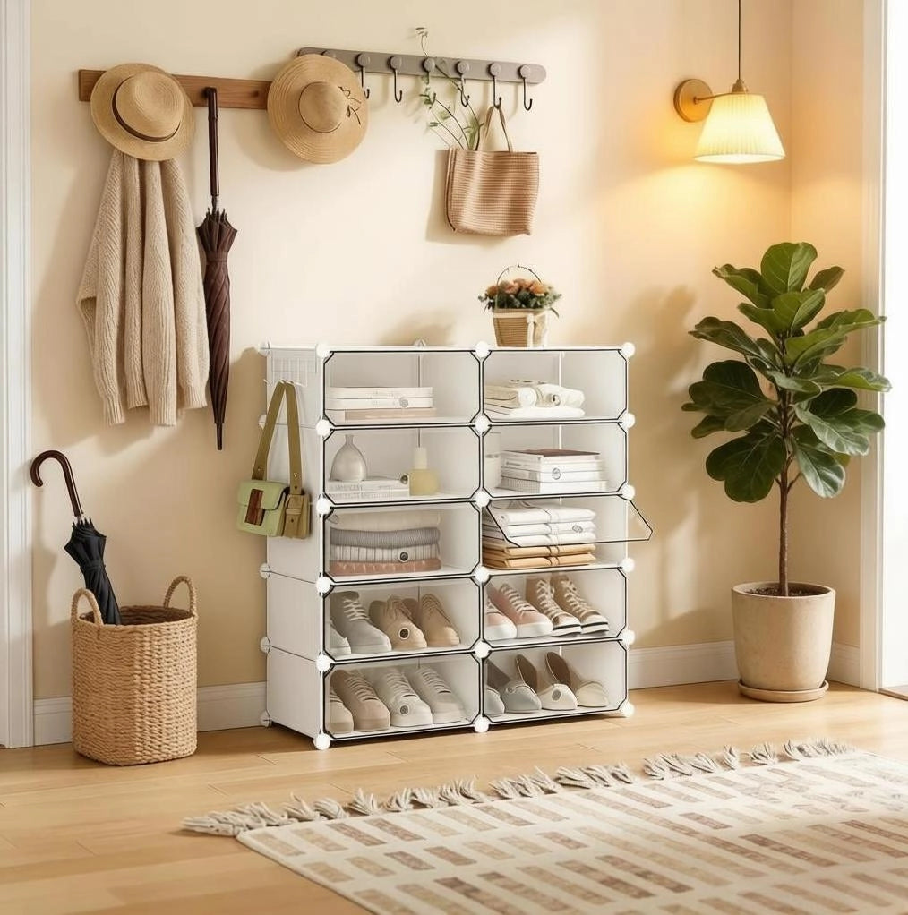 Scarpiera modulare a 10 scomparti 40 x 30 x 170 cm in PP e metallo; bianca