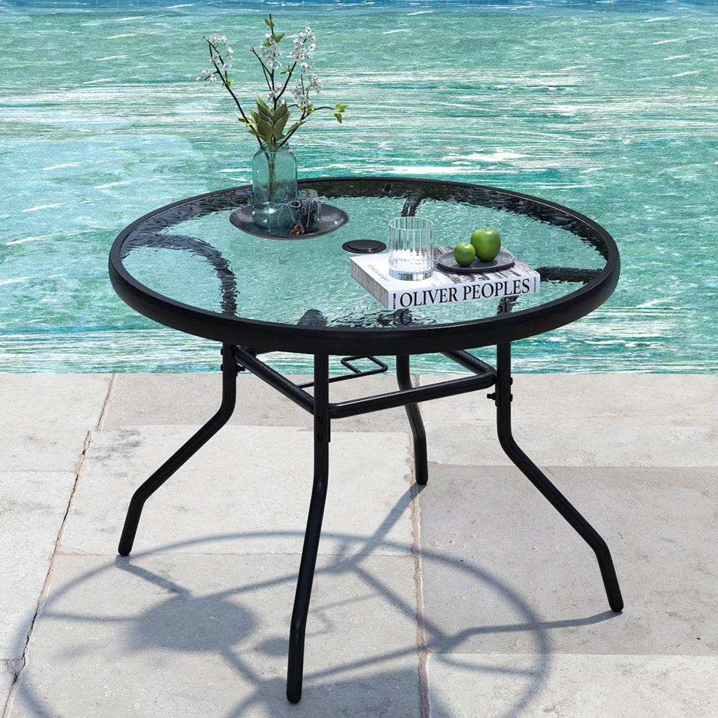Tavolino rotondo esterno vetro temperato foro 4,2cm metallica robusta-Tavolino caffè 70x70x45,5cm giardino cortile piscina