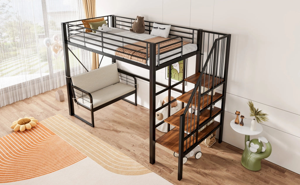 Letto a castello in metallo e MDF 90 x 200 cm con divano imbottito rimovibile, scala contenitore e design salvaspazio, colore nero