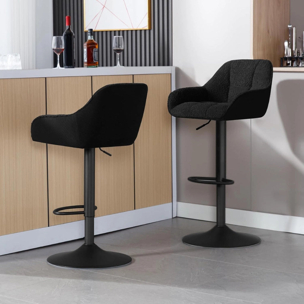 Set di 4 Sgabelli da Bar con Braccioli, Sedia da Cucina con Poggiapiedi, Sgabello Alto con Schienale, Regolabile e Girevole, per Bistrot, Pub, in Velluto a Coste e Ciniglia, Nero, BH400sz-4
