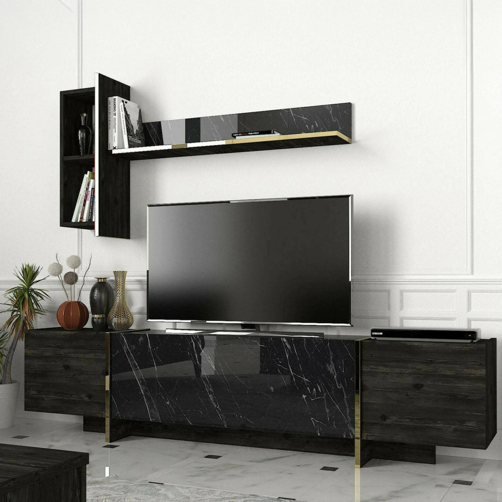 Mobile porta TV Beinasco, Credenza da soggiorno, Armadio basso per TV, Base parete attrezzata, 180x32h45 cm, Nero e Oro