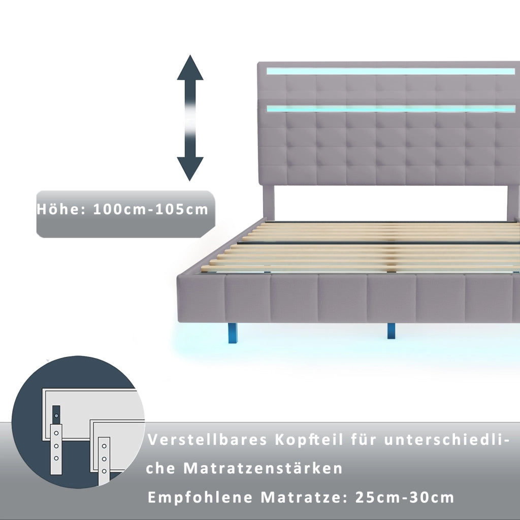 OKWISH Letto Imbottito 140×200 cm, Letto Matrimoniale con Piedini Nascosti, LED Regolabile e Testiera, senza Materasso, Grigio