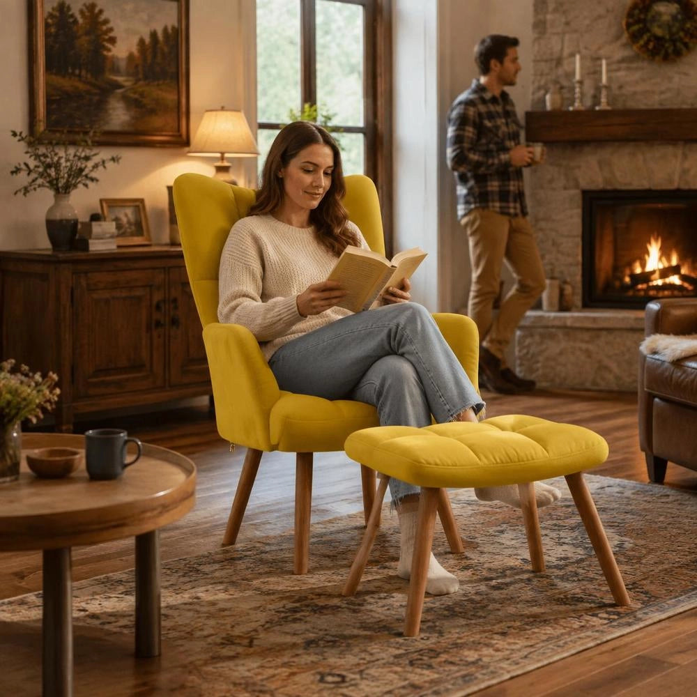 Reclining Armchair With Footstool, Mustard Yellow Velvet