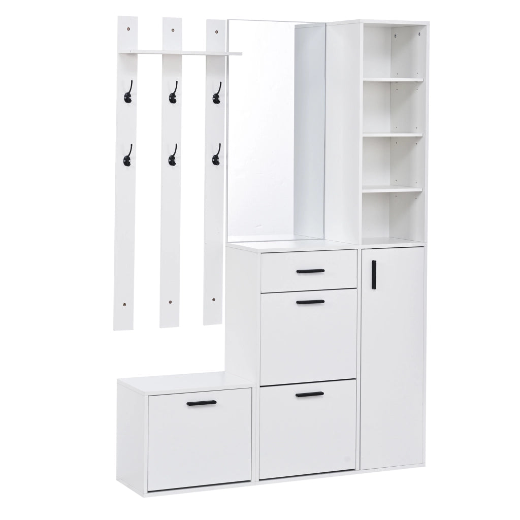 Mobile ingresso con 3 vani scarpe; 1 cassetto; specchio e 6 ganci - per ingresso - 120x30x178 cm - bianco