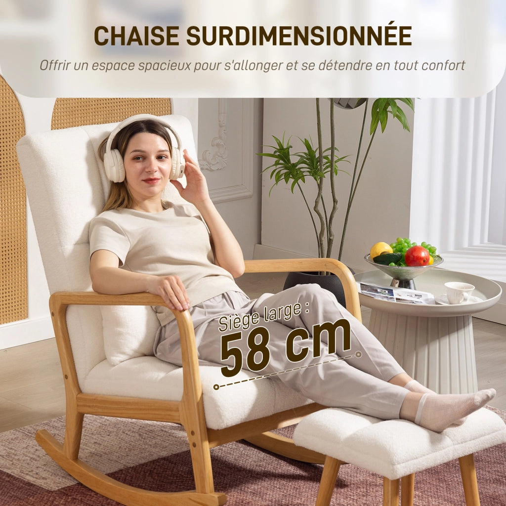 Poltrona a Dondolo con Poggiapiedi in Tessuto Boucl¨¦ e Gambe in Legno ¨C Minimal ¨C 64.5x82x89 cm Bianco