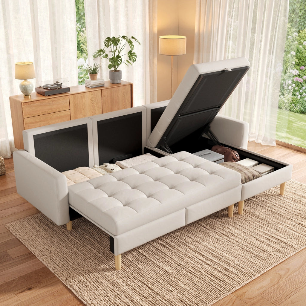 Divano angolare a L 212¡Á130¡Á86 cm con chaise longue reversibile e doppio spazio contenitore, rivestimento in tessuto beige