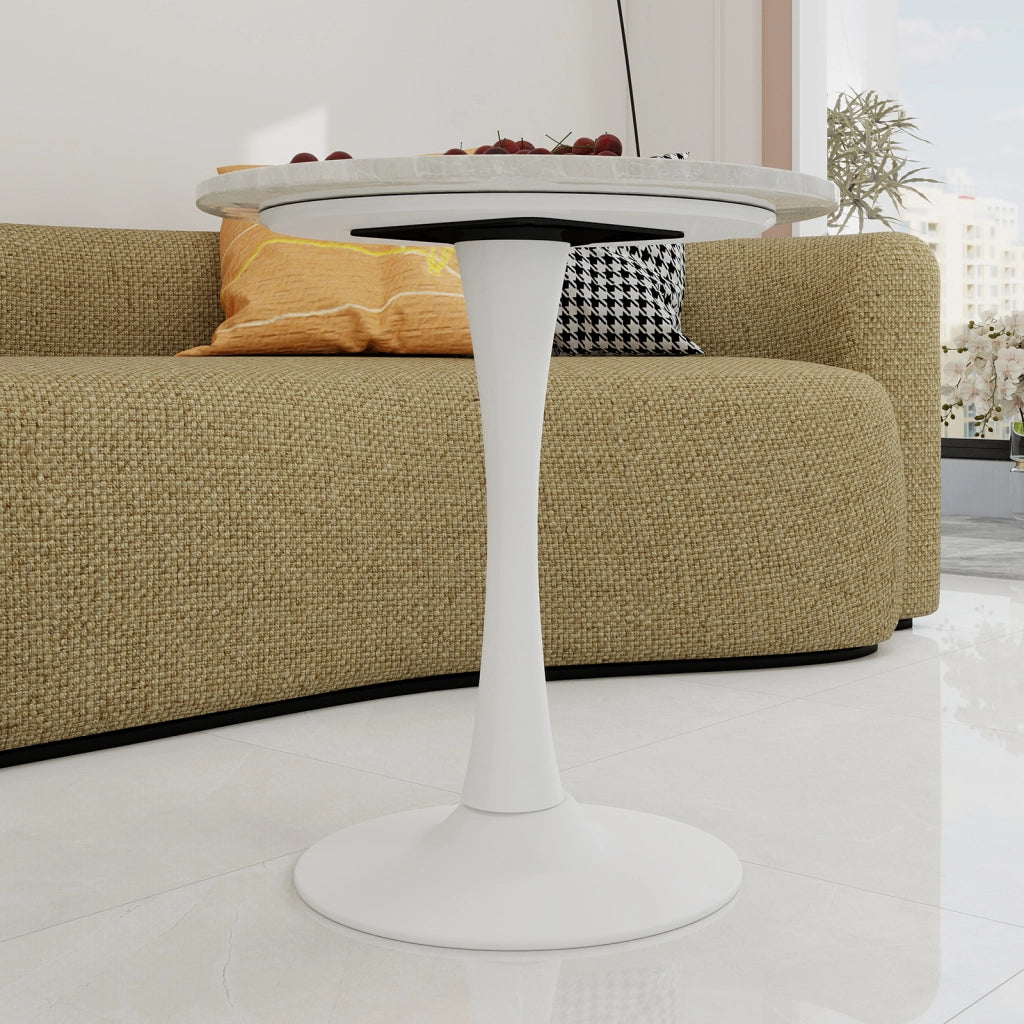 Tavolo da pranzo - rotondo 70 cm - stile mid-century - marmo venato bianco - per 2-4 persone - bianco