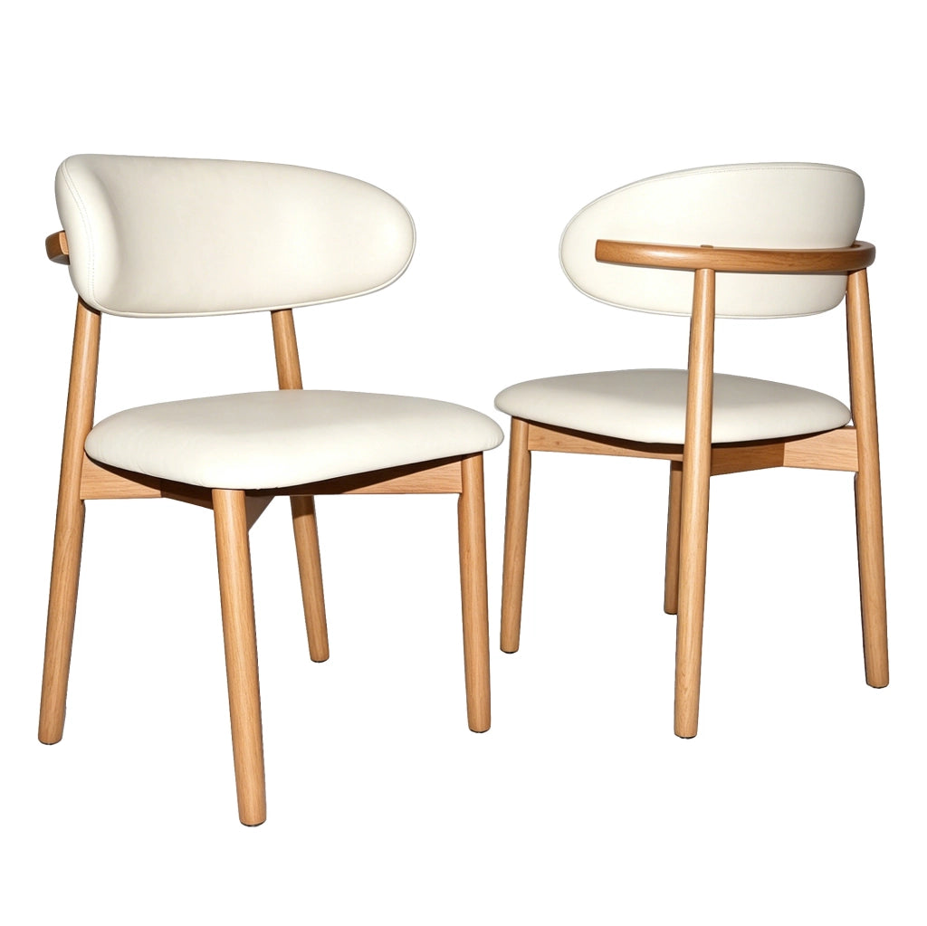 Set di 2 sedie da pranzo con schienale ergonomico in legno di quercia e rivestimento in PU bianco