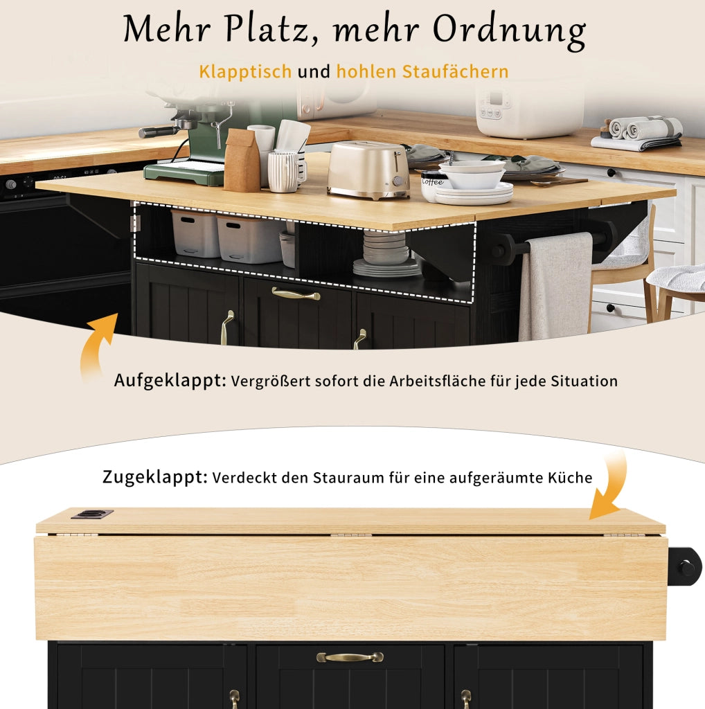 Isola da cucina mobile con piano pieghevole; prese AC USB e USB-C; MDF nero e naturale