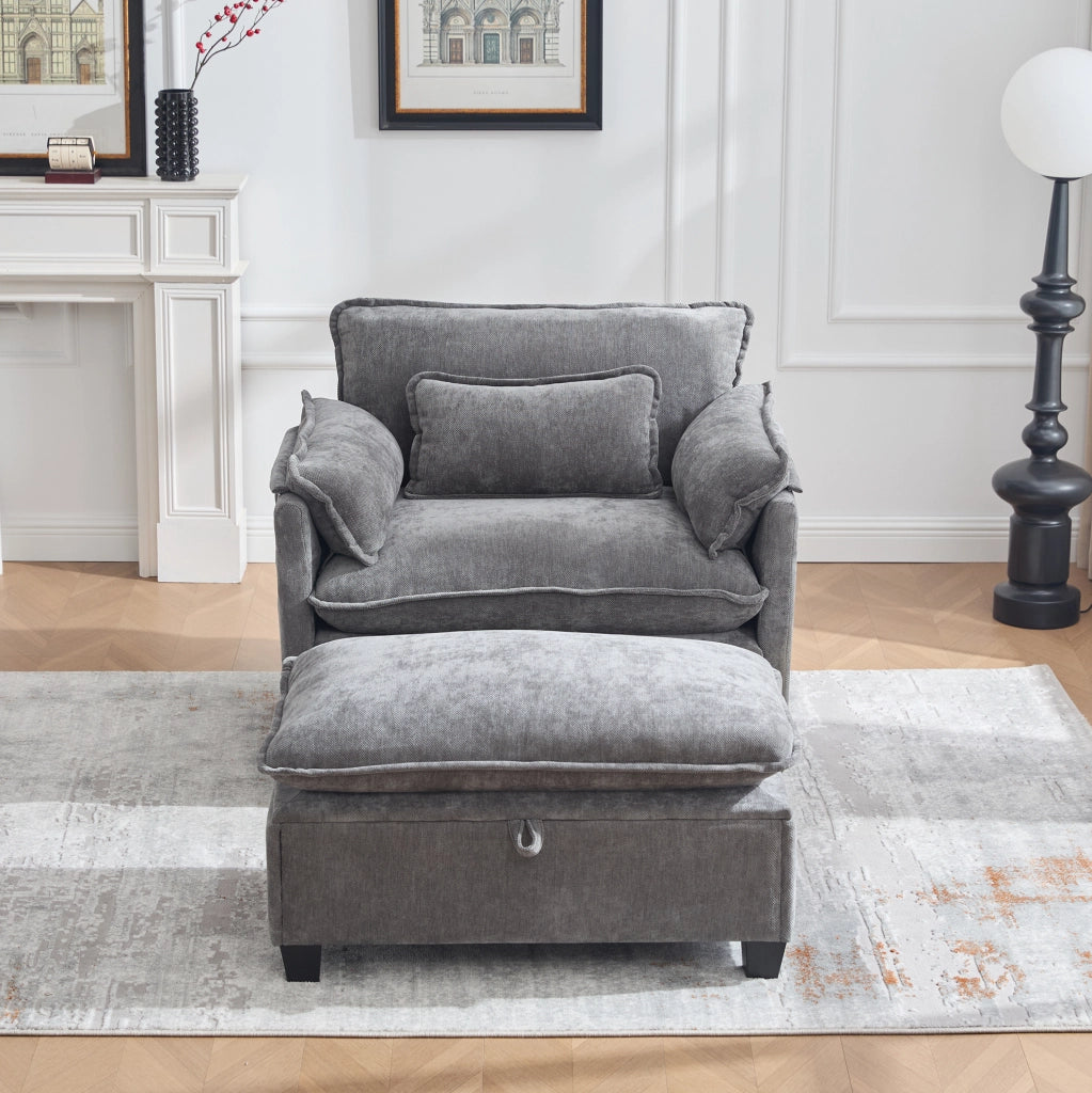 Poltrona in Chenille 103x85x91 cm con Pouf Contenitore e Tasche Laterali Grigia per Soggiorno; Camera e Studio