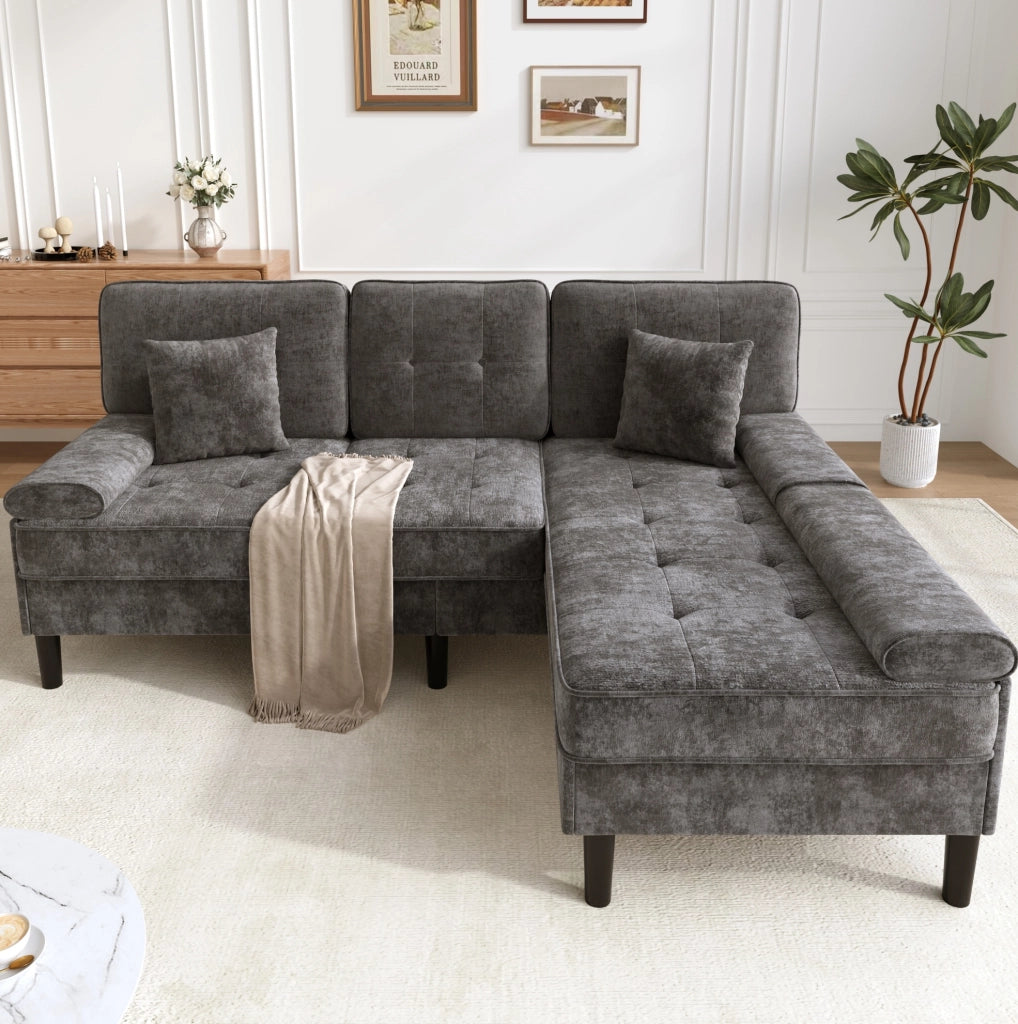 Divano angolare modulare a L in chenille con funzione letto e pouf mobile, 195 cm, ideale per appartamenti