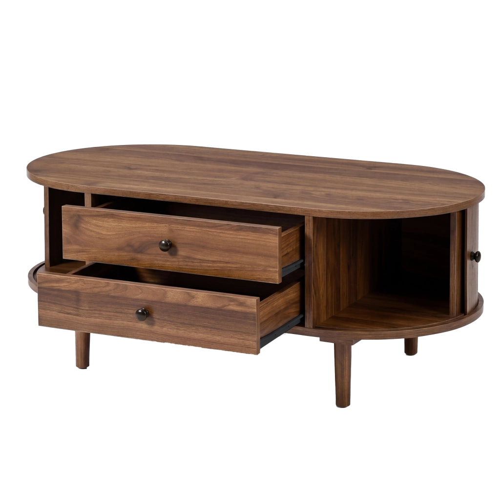 Tavolino ovale, finitura effetto legno, ante scorrevoli, 2 cassetti, in MDF, color noce