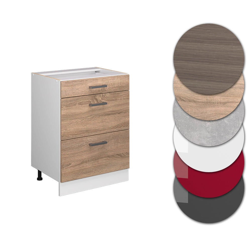 Mobiletto base per cucina R-Line Sonoma/Bianco 60 cm con cassetti, senza piano di lavoro Vicco