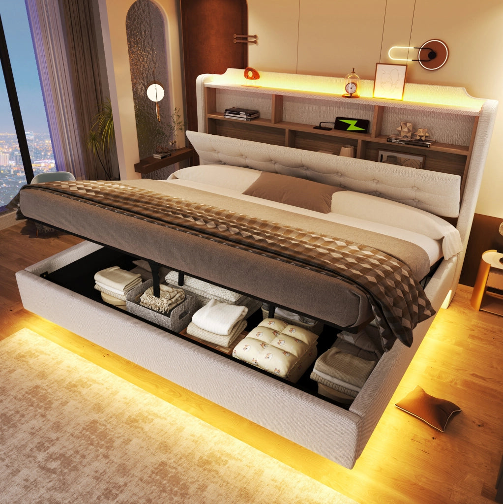 Letto imbottito 180x200 cm in lino beige con LED; contenitore idraulico; USB e Type-C