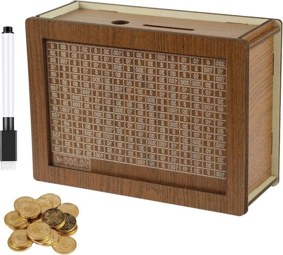 Cassa di Risparmio per Adulti - Cassa di Risparmio in Legno con Obiettivo di Risparmio e Penna - Porcellino d'Oro con Contatore - Abitudine di Risparmio - Per Bambini.