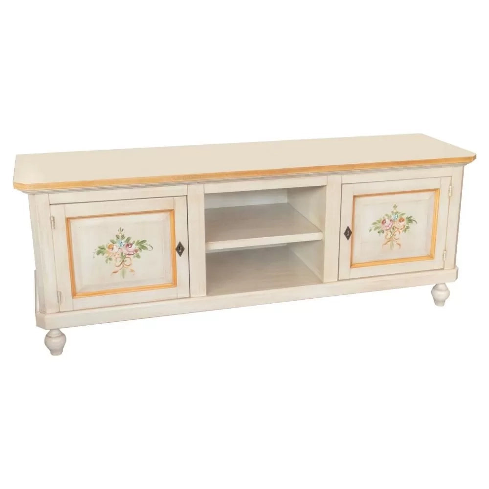 Porta tv in legno 2 ante shabby avorio anticato decoro filo arancione 150x43x56 - Mobili 2G