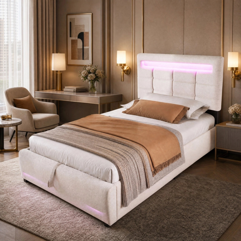 LETTO Contenitore 90x200 cm in lino Beige con APP, LED e USB