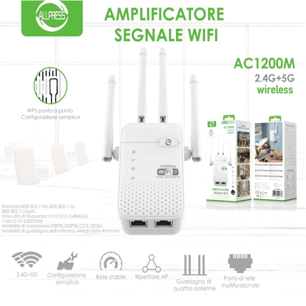 AMPLIFICATORE SEGNALE RIPETITORE WIFI 1200 MBPS EXTENDER DUAL BAND 2.4GHZ 5 GHZ