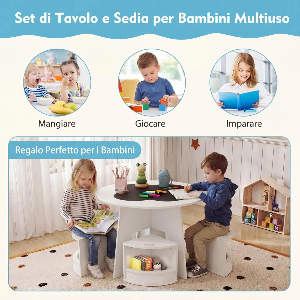2 in 1 Set Tavolo Rotondo e 4 Sedie per Bambini 3+ Anni (Bianco) | Set Tavolo in Legno Salvaspazio e Sedie con Portaoggetti per Cameretta Ragazzi e Scuola