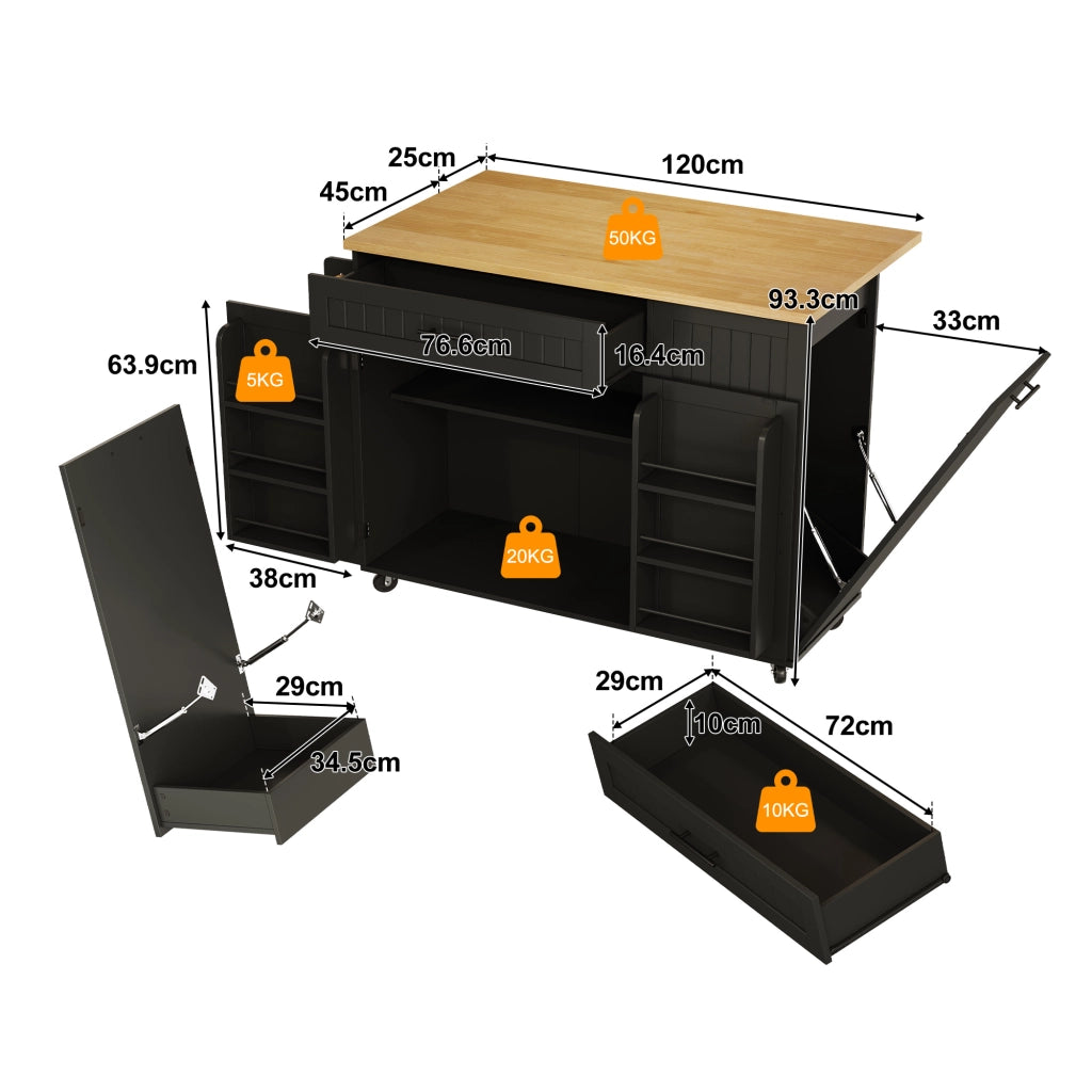 Isola da cucina mobile con piano ribaltabile, ruote bloccabili, credenza portaoggetti e vano rifiuti nascosto, 130x70x93 cm
