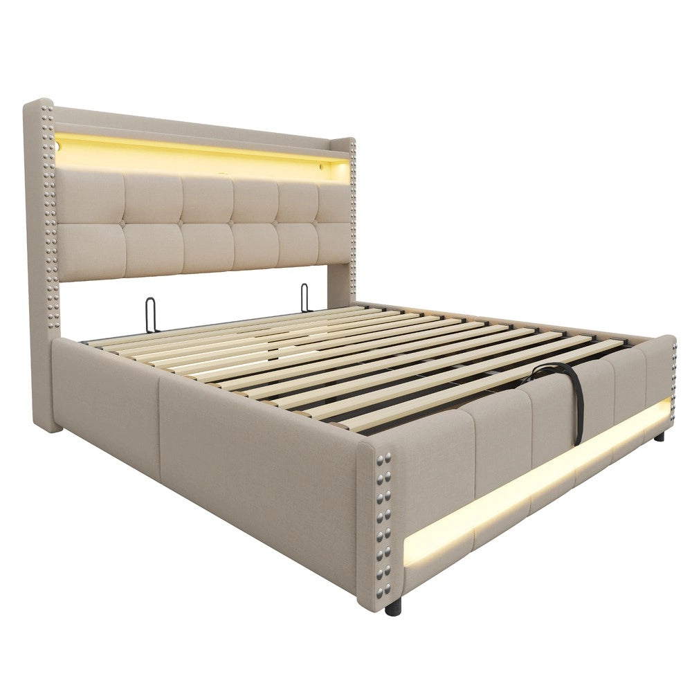 Letto Imbottito Contenitore Matrimoniale con LED e USB ¨C MINIMAL ¨C Testiera, Idraulico, Tessuto Beige, 180x200