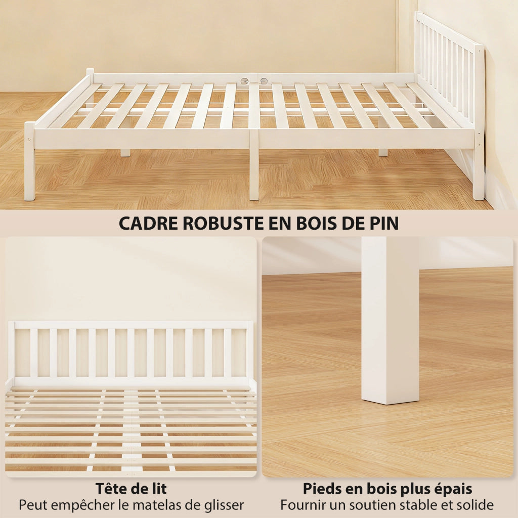 Letto in legno massello con testiera e rete a doghe 160x200 ¨C zephmum ¨C bianco
