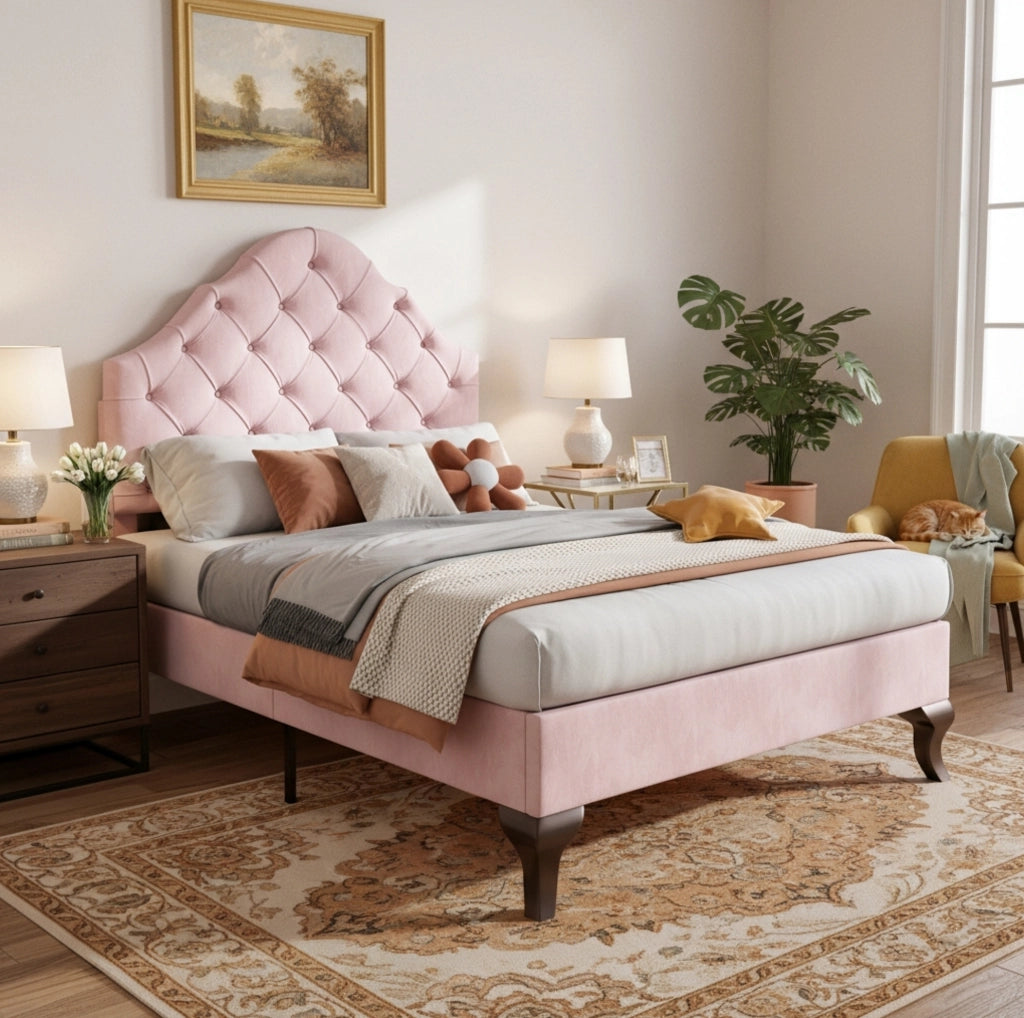 Letto imbottito 90x200 cm in velluto rosa con testiera regolabile e rete a doghe