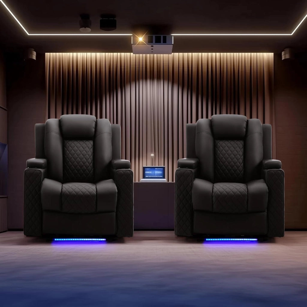 Poltrona Massaggiante Elettrica Illuminazione a LED Divano Telaio Home Theater Shake Divano Reclinabile Girevole con 2 Portabicchieri Nero