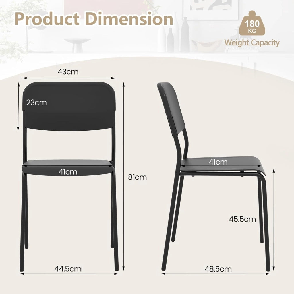 Set di 4 sedie da sala da pranzo, sedia da cucina impilabili con gambe in metallo, sedie senza braccioli, seduta e schienale in PP, per soggiorno, carico 160 kg (nero)