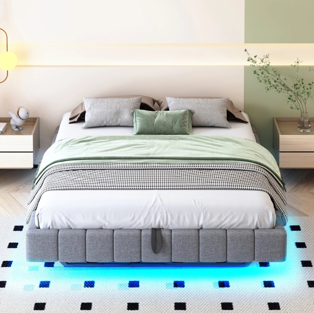 Letto imbottito sospeso 160x200 cm con LED e contenitore, grigio