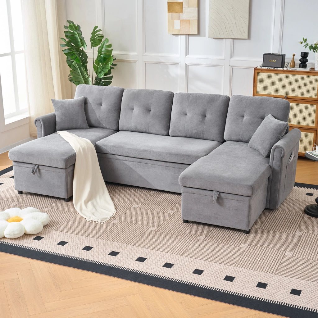 Divano panoramico a U 4-5 posti con funzione letto e contenitore con cuscini in chenille grigio