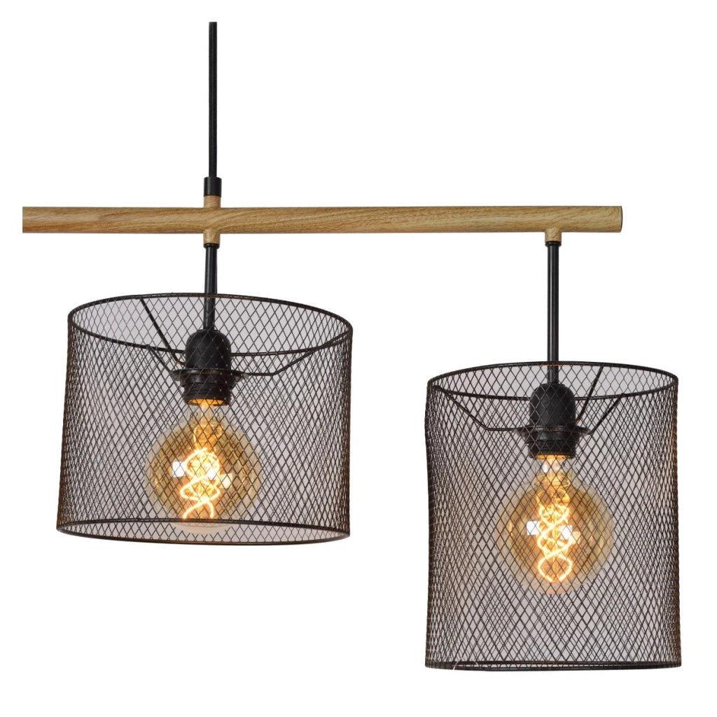 Lucide Baskett lampadario 4 luci E27 nero/legno regolabile