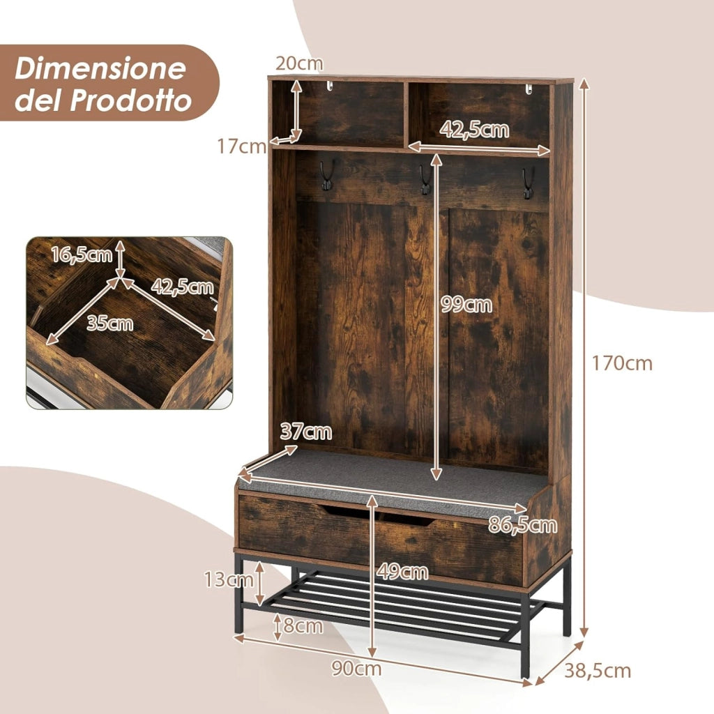4 in 1 Appendiabiti da Ingresso, Armadio con Appendiabiti Multifunzionale, con Panca Cuscino e Ganci, Panchina per Ingresso, 90 x 38,5 x 170 cm (Marrone)