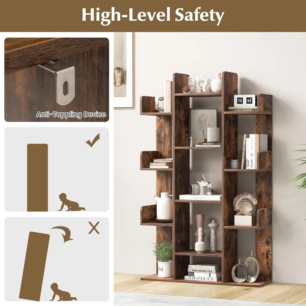 Libreria in legno con 13 ripiani aperti, libreria a forma di albero con kit antiribaltamento, 86 x 24,5 x 141 cm, mobile organizer per soggiorno, studio, ufficio (marrone)