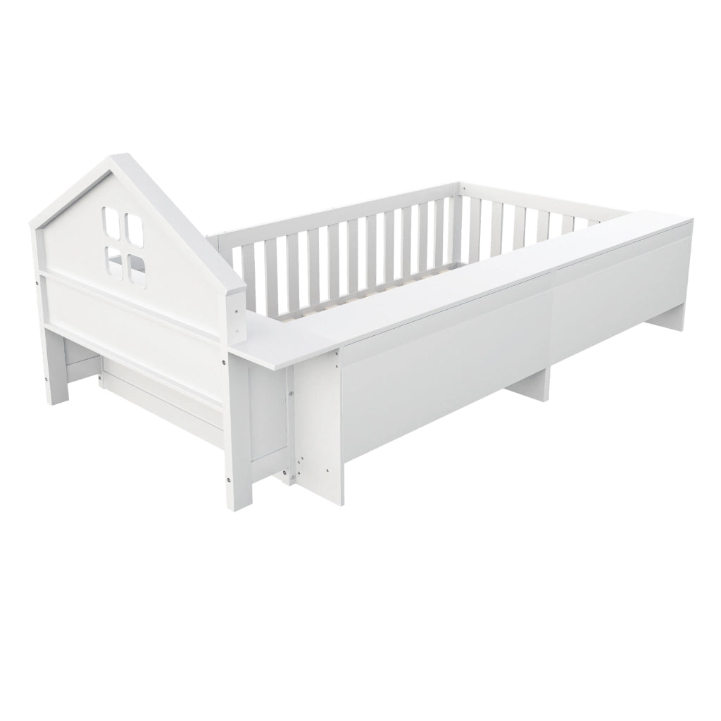 OKWISH Letto Bambino 90×200 cm, Letto Singolo con Contenitori, Spondine di Sicurezza e Porticina, senza Materasso, in Legno, Bianco